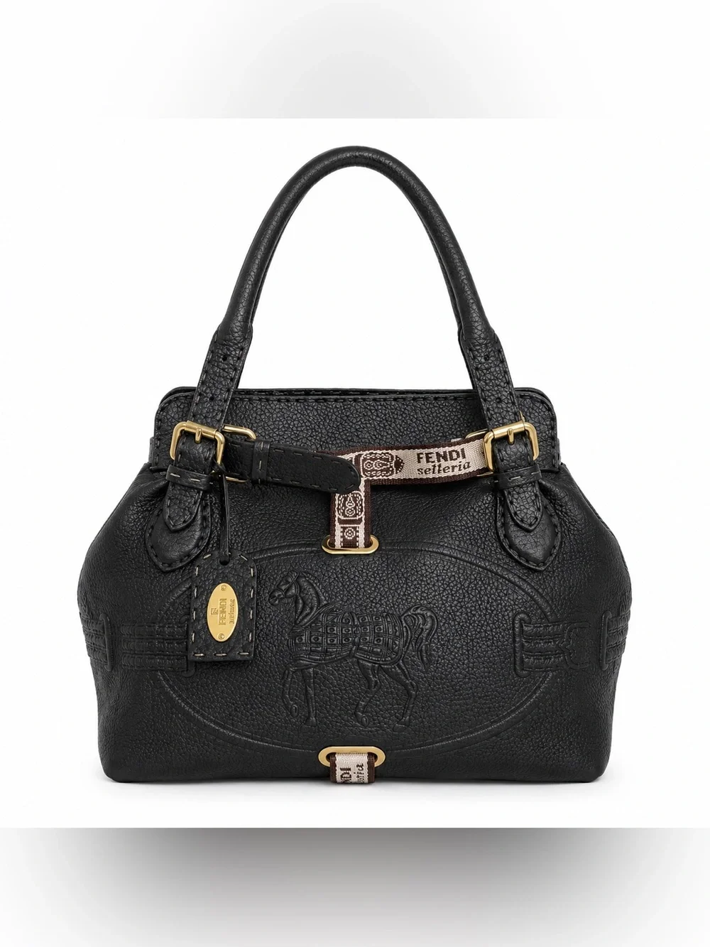 Authentic Fendi Selleria Small Black Pebbled Leather Horse Embossed Handbag|Rare - Picture 2 of 14